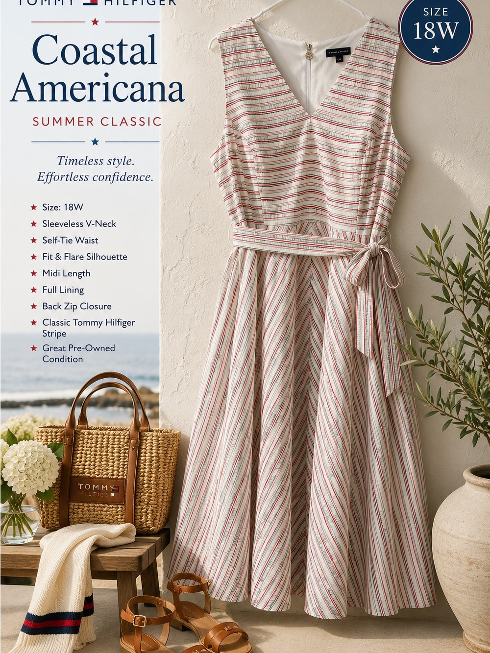 Tommy Hilfiger White Striped Sleeveless V-Neck Belted Midi Dress